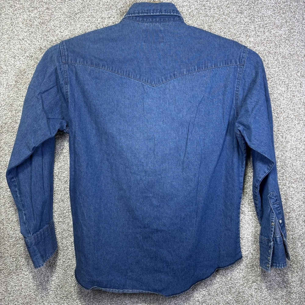 VTG Wrangler Shirt Mens Large Blue Solid Long Sleeve Pearl Snap Denim Western - Picture 6 of 6